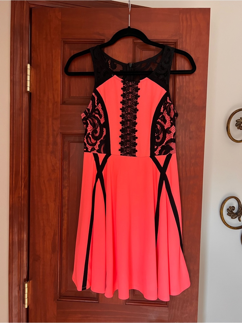 LF Neon Coral and Black Lace Fit-and-Flare Mini Dress